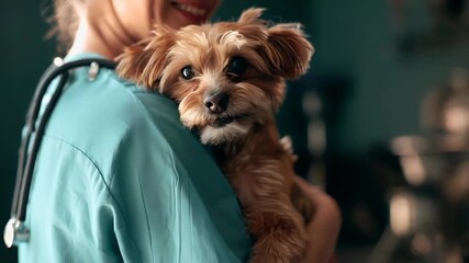 A closeup of a person holding a small dog. The person is wearing a blue shirt and has a stethoscope around their neck. The dog is brown with a fluffy coat. The background is blurred.