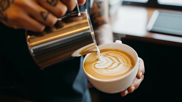A close-up shot captures skilled hands carefully pouring steaming milk from a polished stainless steel pitcher into a crisp white ceramic cup, expertly crafting intricate latte art. The rich, dark cof