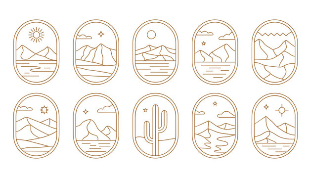 Ten minimalist desert landscape line art icons with sun mountains water and cactus vector - Powered by Adobe