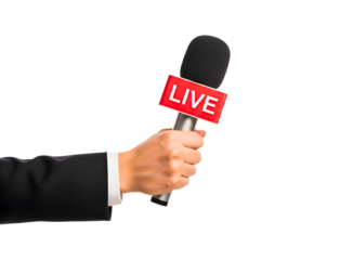 Hand holding a microphone with a live sign isolated on transparent background