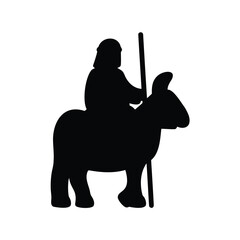 Silhouette of a traveler riding a donkey holding a staff on white background