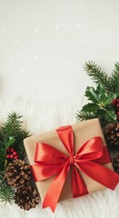 Greeting card with christmas gift box, fir tree branches, cones, lights and a place for text	
