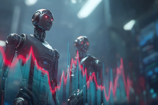 Futuristic robots analyzing volatile stock market data with glowing red and blue graphs. Concept of AI in finance, market risk, algorithmic trading, and digital economic fluctuations.
