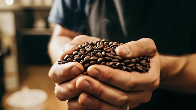 A close-up shot captures human hands carefully holding a generous handful of freshly roasted coffee beans. A delicate wisp of steam rises from the dark, aromatic beans, suggesting warmth and recent pr