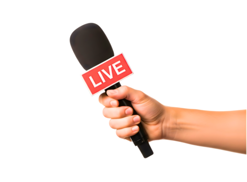 Hand holding a microphone with the word live on it isolated on transparent background - Powered by Adobe