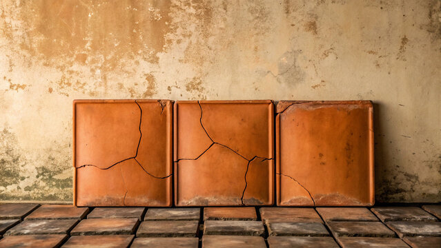 Three cracked terracotta tiles on weathered floor broken