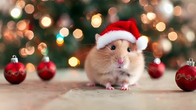 A closeup of a hamster wearing a Santa hat, set against a festive backdrop of a Christmas tree adorned with ornaments. The hamsters fur is a light beige color.