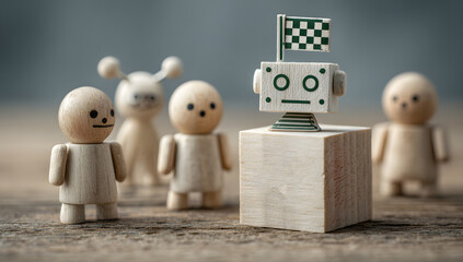 AI Leadership Concept. Robot Figure with Flag Elevated Above Observing Human Figures