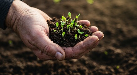 Fototapeta premium Small green plants in fertile soil on a hand stretches upward, grows, increases in size 