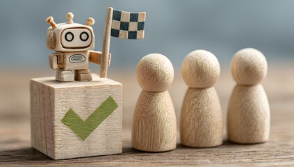 Robot Leading Team to Success Concept. AI Achievement with Checkmark and Chequered Flag