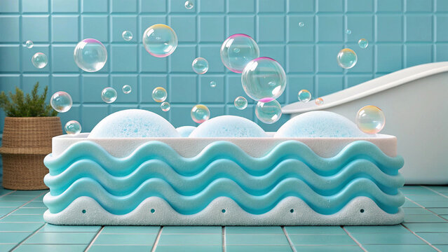 Wavy blue foam surrounded by iridescent soap bubbles