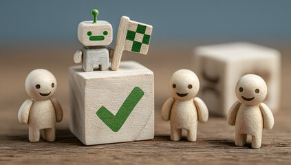 Robot and Happy Team Achieving Success Concept.  AI Automation Checkmark and Flag