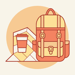 Essentials for a weekend trip including map backpack and coffee