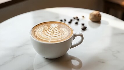 A close-up shot of a perfectly crafted latte in a white ceramic cup, featuring intricate leaf-shaped latte art on a gleaming white marble table. Scattered coffee beans and a warm, inviting ambiance en - Powered by Adobe