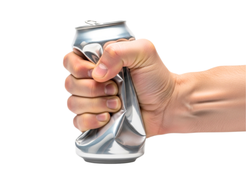 Hand crushing aluminum can isolated on transparent background