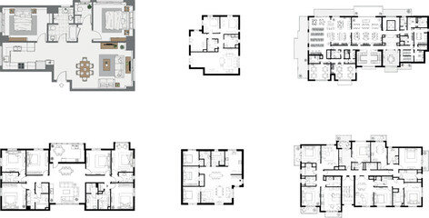Compilation of six apartment floor plans, including one with furniture © SampaRani