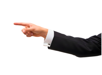 Man s hand in suit jacket pointing finger isolated on transparent background