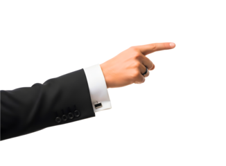 Man s hand in suit jacket pointing finger isolated on transparent background