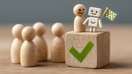 Human and AI Partnership concept. Integrated Success with Checkmark Block and Goal Flag