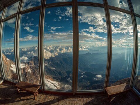 Panoramic view of snow-capped mountains and valleys from a modern room with large windows, bright blue sky with clouds