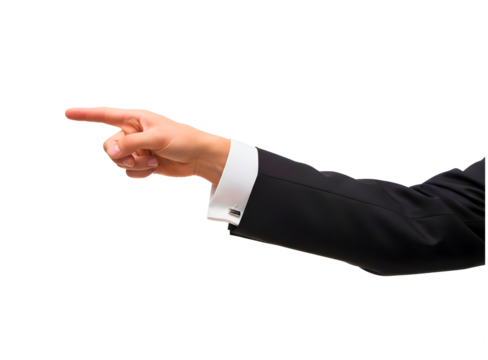 Man s hand in suit jacket pointing finger isolated on transparent background