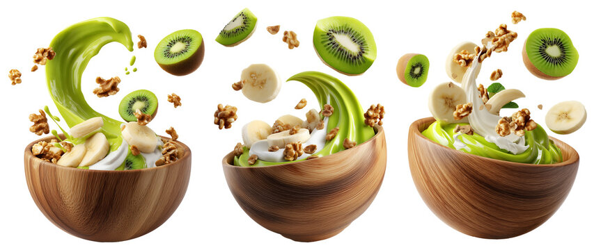 Fresh banana, kiwi, crunchy walnuts and granola with creamy yogurt smoothie splash in wooden bowl isolated on white background