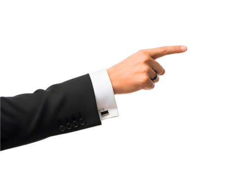 Man s hand in suit jacket pointing finger isolated on transparent background