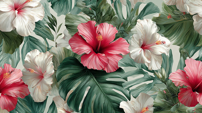 A vibrant and colorful floral pattern featuring hibiscus flowers and tropical leaves