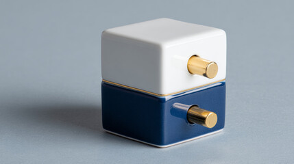 A two-toned, square-shaped container with a gold knob on top and bottom is shown against a gray background