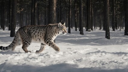 Bobcat gracefully traverses snowy forest, showcasing winter wildlife beauty.