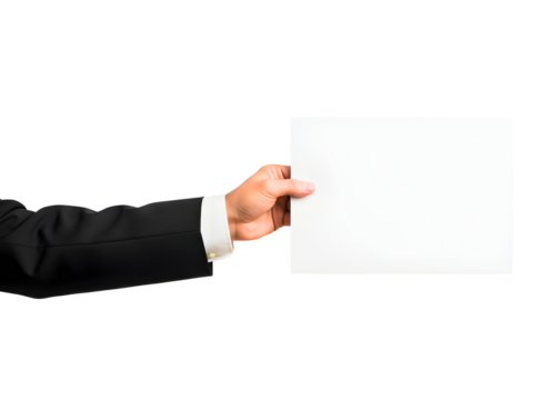 Man in suit holding blank white paper isolated on transparent background