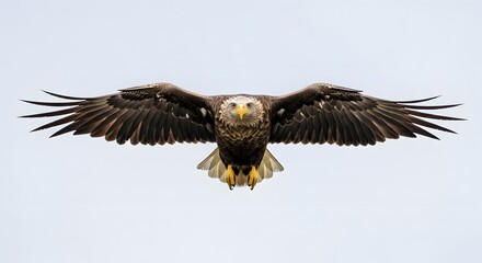 Obraz premium Frontal view of eagle in flight, wings wide, eyes focused, sky background
