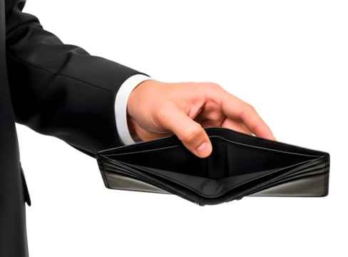 Man in suit showing empty wallet isolated on transparent background