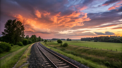 Dramatic sunset paints sky with fiery hues over serene countryside train tracks leading to distant horizon