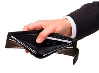 Man holding an empty wallet isolated on transparent background