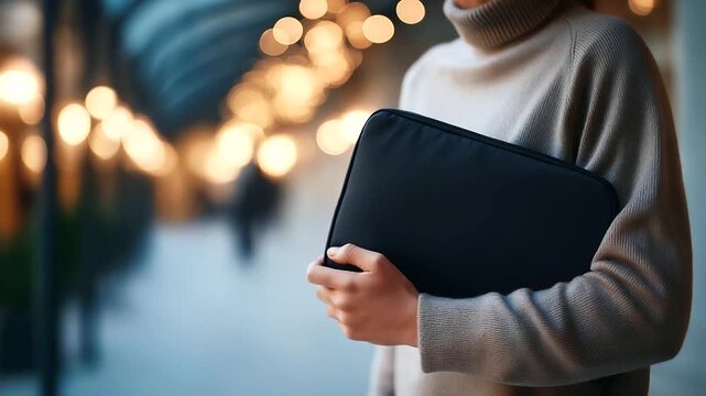 Faceless torso of a person zipping a minimalist laptop sleeve corridor lights defocused into bokeh balanced neutral tones right side clean faceless laptop sleeve protection