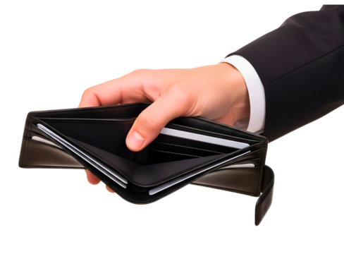 Man holding an empty wallet isolated on transparent background - Powered by Adobe