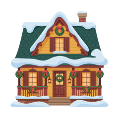 Snowy Christmas House – Cozy Winter Home Decorated with Wreaths and Holiday Lights