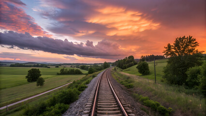 Dramatic sunset paints sky vibrant orange over rolling hills and winding train tracks leading to distant horizon