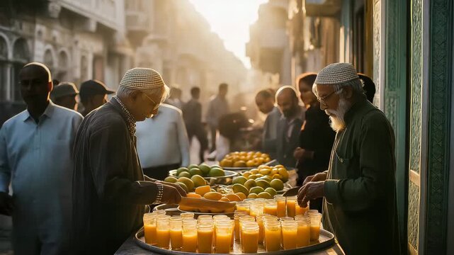 Street Vendor Slicing Mango Customers Chatting Golden Hour Market