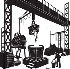 Industrial factory with molten metal pouring from a bucket and worker with bucket on white background