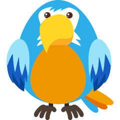 A Stylized Blue Parrot With An Orange Belly And Yellow Beak Sits Facing Forward Against A Transparent Background