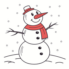 Illustration of a cheerful snowman with a hat and scarf on