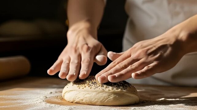 Baker sprinkling seeds on dough, preparing traditional bread, a culinary masterpiece