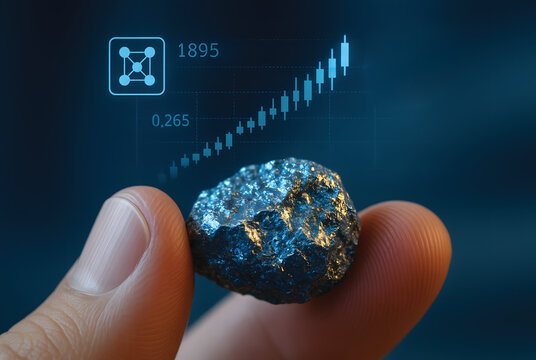 Hand holding rare earth rock with financial data and holographic analytics - Powered by Adobe