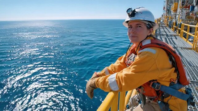 Seafaring Resilience: A dedicated worker, adorned in safety gear, gazes steadily toward the horizon from the vantage point of a marine platform, embodying determination amid the vastness of the ocean.
