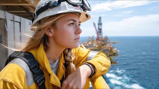 Woman Engineer's Contemplation: A woman engineer, adorned in a hardhat and work attire, gazes thoughtfully at an offshore platform, set against a backdrop of endless ocean and a bright sky.