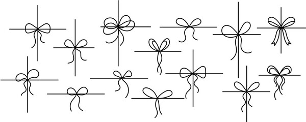 Hand drawn bow collection. Black doodled ribbon bows set. Outline bow elements pack for gift, present, package decoration. Sketch tied knots bundle. Vector Editable stroke