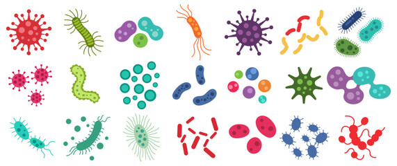 Bacteria, microbe, virus outline vector icon set. Microscopic bacterium and bacillus collection, isolated on white background