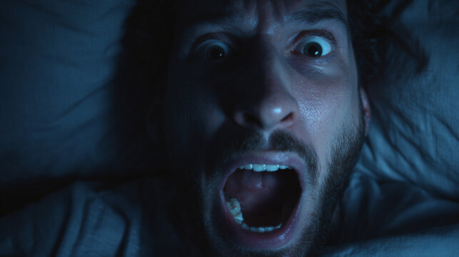 A terrified man with wide eyes and open mouth in a dark room. Expressing fear and distress